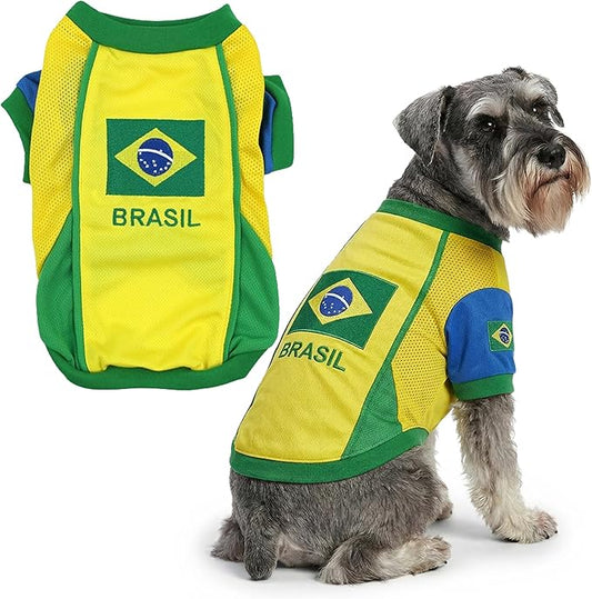 Parisian Pet Team Brazil Dog Jersey - Breathable Mesh Puppy Football Jersey - Lightweight Stretch Sporty Dog Clothes - Summer Shirts for Large Dogs - Soccer Jersey for Dogs - Sportswear Pet Clothes