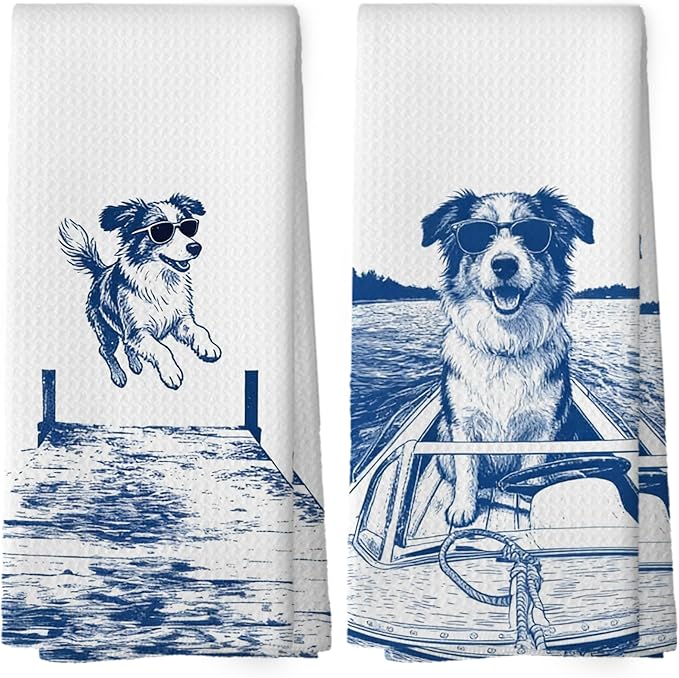 Lake House Decor Australian Shepherd Kitchen Towels Set of 2, Summer Funny Lake Dog Coastal Bathroom Hand Towel, Dog Lover Gifts Tea Towel Dish Towels 16x24 Inch