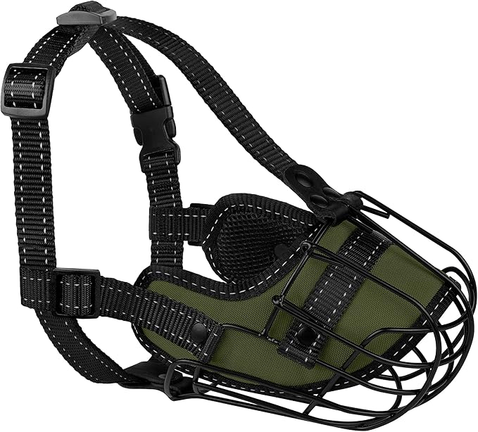 OOPSDOGGY Pitbull Dog Muzzle Reflective Metal Mask Secure Wire Basket Muzzles for Large Sized Dogs Amstaff Soft Cage to Prevent Biting Chewing with Adjustable Nylon Straps (Green, Pitbull)