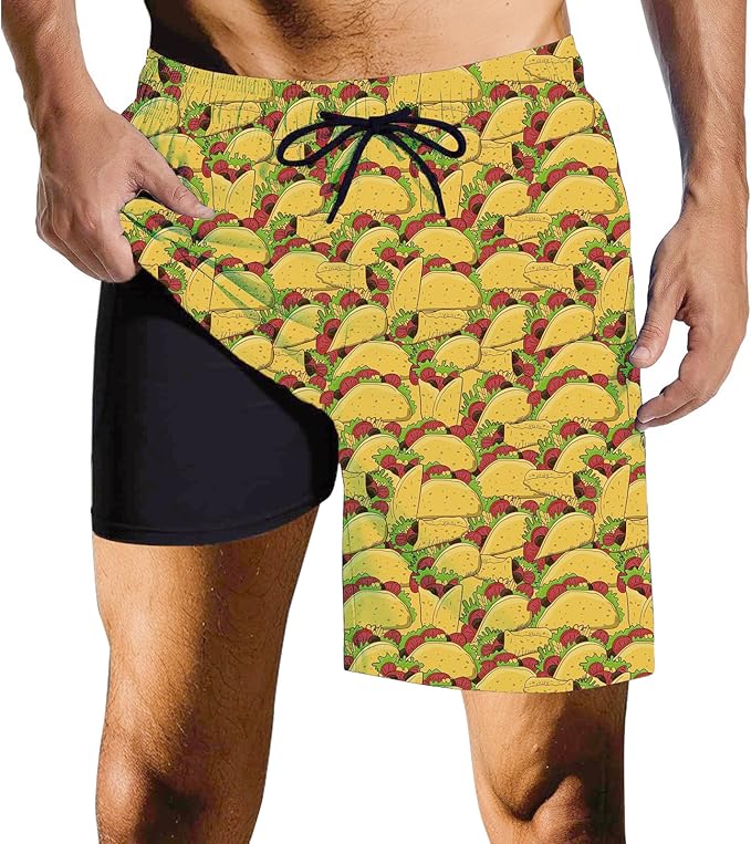 Mens Swim Trunks with Compression Liner Quick Dry Zipper Pocket Bathing