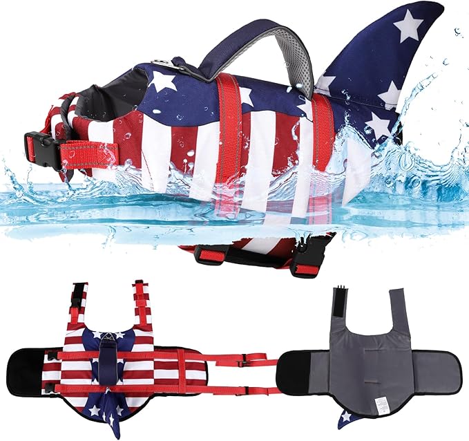 TDTOK Dog Life Jacket Shark Fin American Flag Pattern with Rescue Handle and Reflective Stripes Suitable for 4th of July, High Buoyancy Life Safety Vest for Dogs Swimming and Boating (Small)