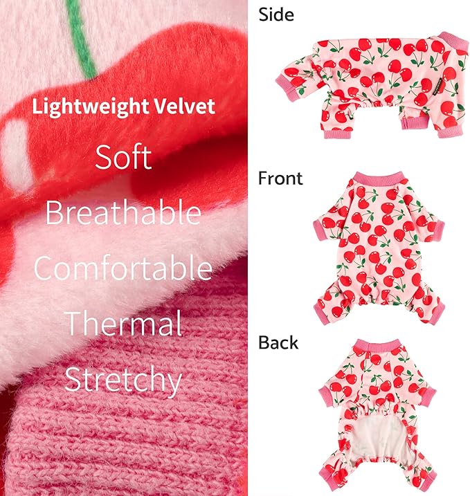 Fitwarm Cute Cherry Dog Pajamas, Warm Dog Onesie with Feet, Dog Clothes for Small Dogs Girl, Fleece Pet Outfit, Pink, Red, Medium