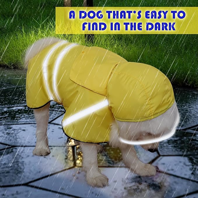 Dog Raincoat, Adjustable Rain Jacket with Hooded Double Layer for Large Medium Small Dogs Puppies, Lightweight Waterproof Rain Coat Poncho with Reflective Stripe Yellow,M