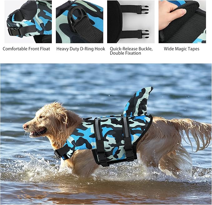 Dogcheer Dog Life Jacket Shark, Ripstop Dog Life Vest for Swimming Boating with Reflective Stripes & Rescue Handle, High Buoyancy Pet PFD Swim Vest for Small Medium Large Dogs - Camo Blue, L