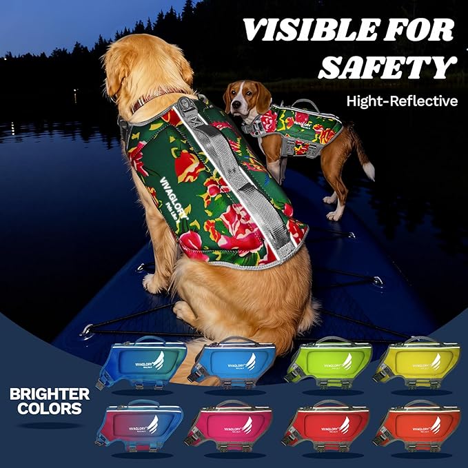 VIVAGLORY High Buoyancy Dog Life Vest, Swimming Vest with Handle, Dog Life Jacket for Swimming & Boating, Buoyancy for Puppy Doggy, S, Northeast Florals-Green