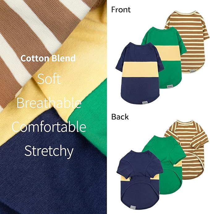 Fitwarm 3 Pack Color Block Striped Dog Shirt, Summer Dog Clothes for Small Dogs, Breathable Lightweight Dog Tshirt, Pet Outfit, Navy Blue, Sea Green, Brown, XS