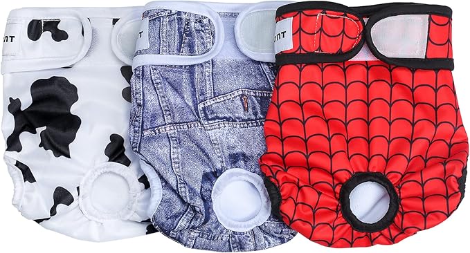 Avont 3 Pack Washable Female Dog Diapers, Premium Reusable Highly Absorbent Doggie Period Panties Durable Dog Diaper Cover -M Web/Milk/Jeans