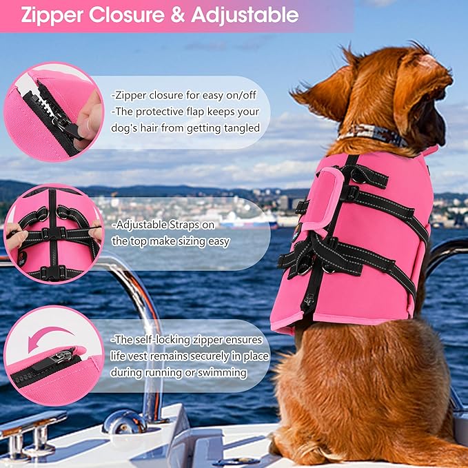 Dogcheer Dog Life Jacket with Zipper and Rescue Handle, Ripstop Puppy Life Vest with Chin Float for Swimming, Adjustable Swim Water Vest for Small Medium and Large Dogs-Pink,XS