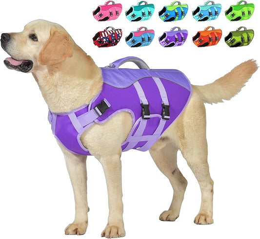 Dog Life Jacket, High Buoyancy Dog Life Vest with Handle for Swimming Boating, Adjustable Swimming Vest with Reflective Trim for Small Medium Large Dogs - Purple, S