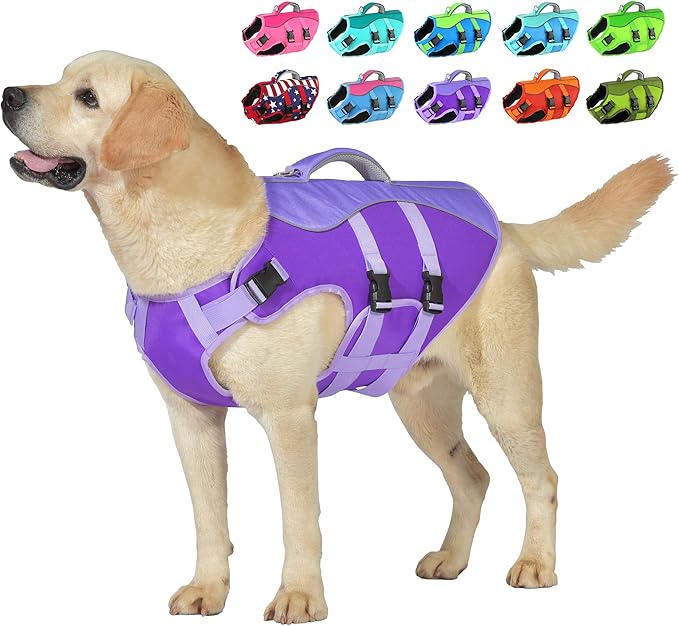Dog Life Jacket, High Buoyancy Dog Life Vest with Handle for Swimming Boating, Adjustable Swimming Vest with Reflective Trim for Small Medium Large Dogs - Purple, L