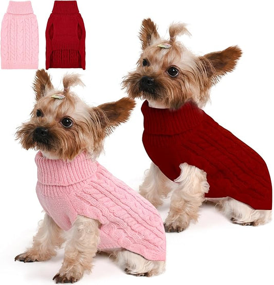 2 Pack Dog Sweaters for Small Dogs Winter Turtleneck Pullover Cable Knit Fleece Stretch Puppy Doggie Chihuahua Toy Poodle Yorkie Pomeranian Boy Girl Pet Clothes (S, Pink & Red)