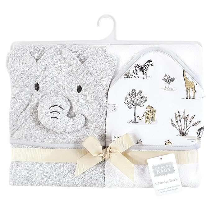 Hudson Baby Cotton Animal Face Hooded Towel, Neutral Safari World, One Size