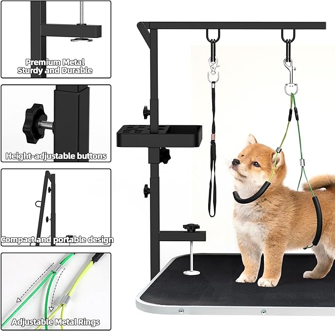 Dog Grooming Arm with Tray, 38" Pet Grooming Table Arm with Adjustable No Sit Haunch Holders, Pet Grooming Stand with Clamp for Small & Medium Pets