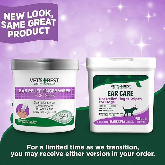 Vet's Best Ear Relief Finger Wipes, Ear Cleansing Finger Wipes for Dogs, Sooths & Deodorizes, 50 Disposable Dog Wipes (Pack of 2)