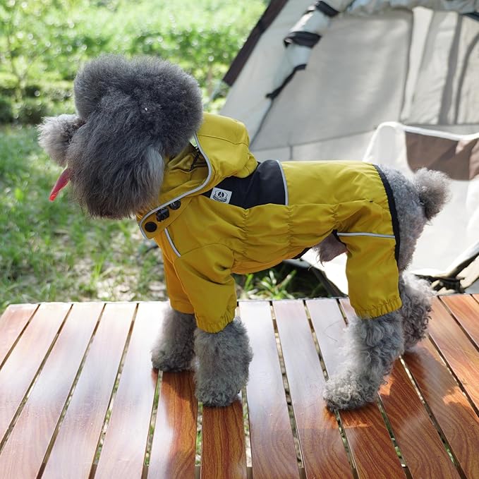 LOVELONGLONG Fleece-Lined Dog Raincoat with Removable Hood – Waterproof Winter Full Body Dog Jacket – Windproof Snowproof Cold-Weather Suit – Yellow-F L