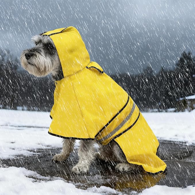 KOOLTAIL Winter Dog Raincoat Hooded Slicker Poncho with Leash Hole, Thick Fleece Rain Coats for Small Medium Dogs Puppy, Windproof Plush Warm Pet Rain Jacket with Reflective Adjustable Strip, Yellow M