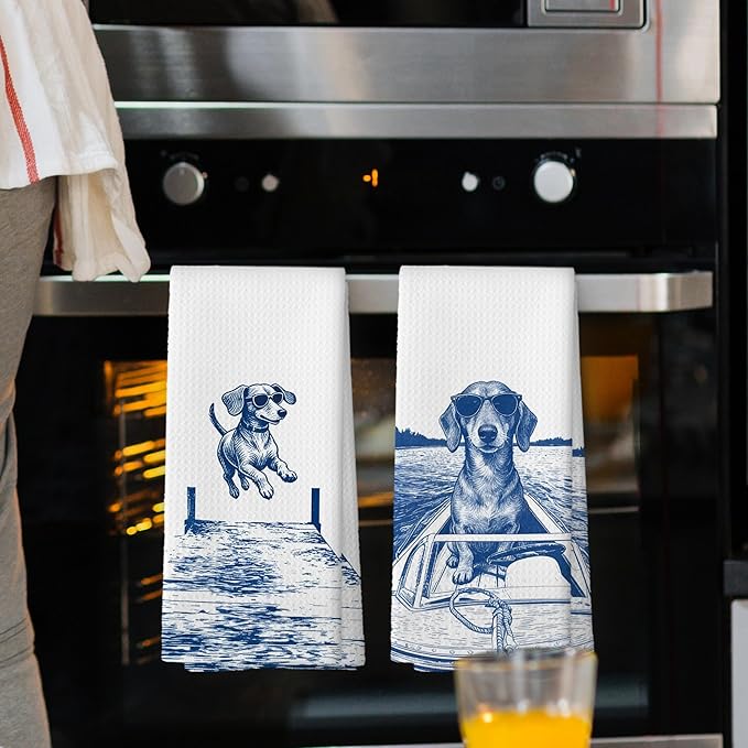 Lake House Decor Dachshund Kitchen Towels Set of 2, Summer Funny Lake Dog Coastal Bathroom Hand Towel, Dog Lover Gifts Tea Towel Dish Towels 16x24 Inch