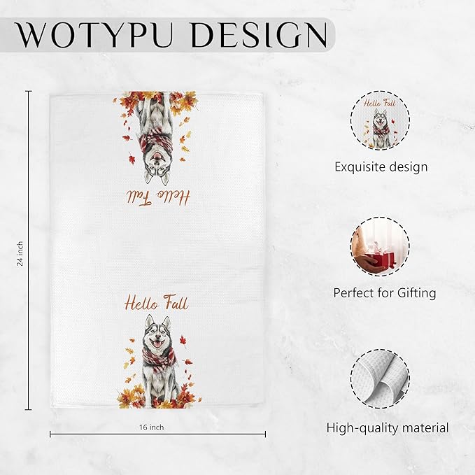 Fall Husky Kitchen Towels, Husky Lover Gifts Dish Tea Towel for Kitchen Decor, Farmhouse Fall Autumn Maple Leaf Dog Hand Towels for Bathroom Decor,16X24 Inch