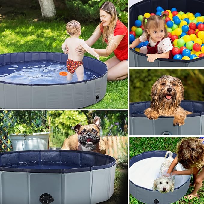 Foldable Dog Pool, Portable Pet Bath Tub and Kiddie Swimming Pool, Collapsible Bathtub for Puppies, Small, Medium and Large Dogs, Cats and Kids, 63 x 12 in, Gray