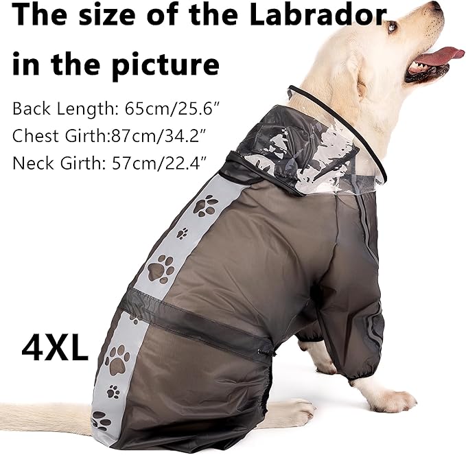Olsa Dog Raincoat, Dog Hooded Slicker Poncho, 4 Legs Rain Jacket with Reflective Stripe, Transparent Water Proof Resistant Rain Snow Clothes for Small Medium Large (Black, 4XL)