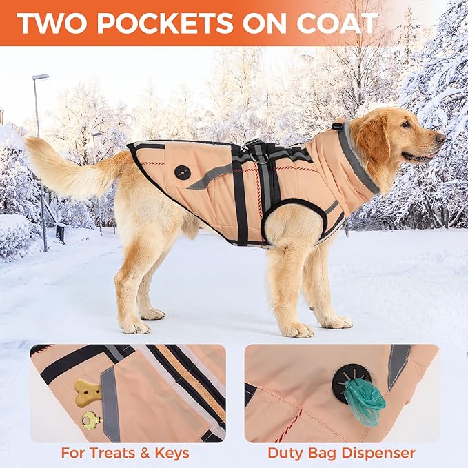 Mihachi Dog Snow Jacket Waterproof Dog Coat with Harness Built in,Thick Fleece Lined & Pockets,Turtleneck Warm Winter Jacket for Small Dogs Reflective Fleece Vest with Zipper,Snowsuit Outfit, Beige S