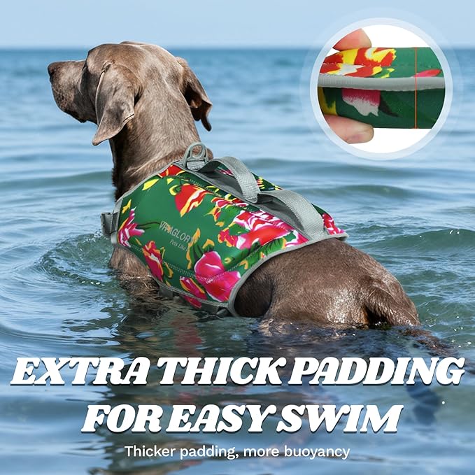 VIVAGLORY High Buoyancy Dog Life Vest, Swimming Vest with Handle, Dog Life Jacket for Swimming & Boating, Buoyancy for Puppy Doggy, XL, Northeast Florals-Green