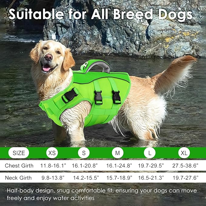Dog Life Jacket, High Buoyancy Dog Life Vest with Handle for Swimming Boating, Adjustable Swimming Vest with Reflective Trim for Small Medium Large Dogs - Green, S