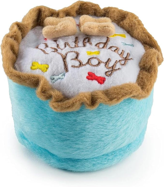 Haute Diggity Dog Birthday Boy Cake, Plush Designer Dog Toys with Interactive Squeaker, Stimulating Pet Enrichment, Machine-Washable & Safe Materials for All Breeds, Size Small