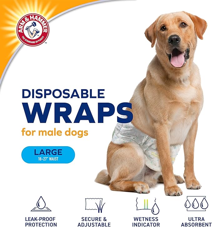 Arm & Hammer Large Male Dog Wraps, Disposable Belly Band Diapers with Baking Soda Odor Control, Super Absorbent Leak Resistant Design for Marking and Incontinence, 18-27 Inch Waist, 12 Count