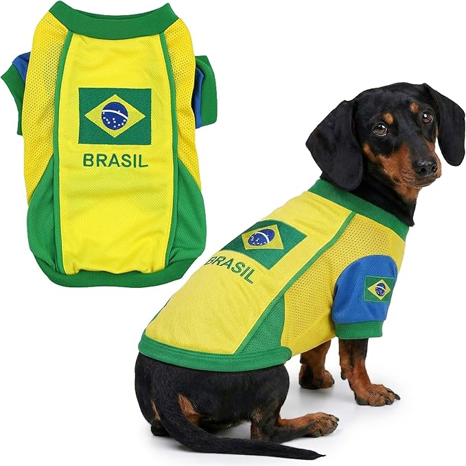 Parisian Pet Team Brazil Dog Jersey - Breathable Mesh Puppy Football Jersey - Lightweight Stretch Sporty Dog Clothes - Summer Shirts for Large Dogs - Soccer Jersey for Dogs - Sportswear Pet Clothes