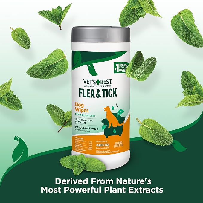 Vet's Best Natural Flea and Tick Wipes for Dogs – Natural Plant-Based Wipes for Flea and Tick Prevention – Certified Essential Oils – Pest Control for Kennels and Home Use – Made in USA – 50 Count