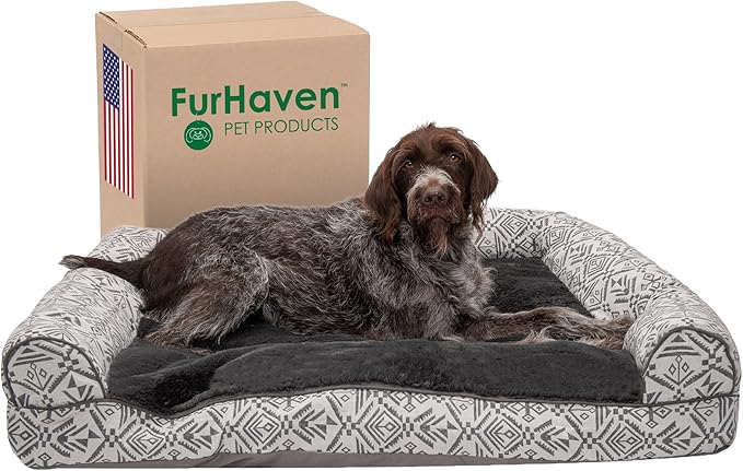 Furhaven Pillow Dog Bed for Large Dogs w/ Removable Bolsters & Washable Cover - Plush & Southwest Kilim Woven Decor Sofa - Boulder Gray, Jumbo/XL