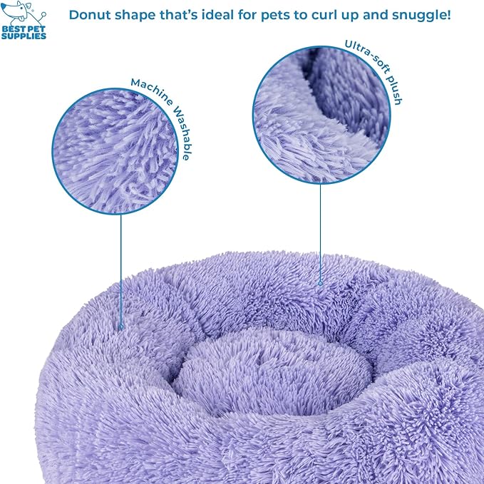 Best Pet Supplies Round Calming Dog Bed for Small, Medium & Large Dogs, Plush Donut Cuddler Pet Bed w/Raised Rim for Head, Neck Support, Anti-Slip Bottom Washable Bed - Lavender, 20 x 20 x 6