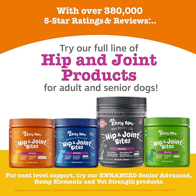 Zesty Paws Vet Strength Mobility Bites Beef & Bacon Flavor Hip & Joint Support Chews for Dogs with Glucosamine, Chondroitin, MSM, Hyaluronic Acid & Serrazimes - 90 Count