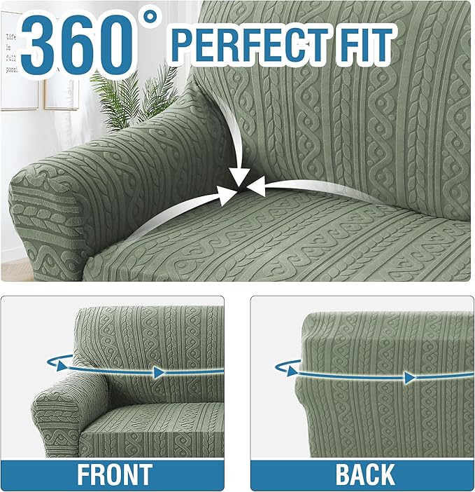 H.VERSAILTEX Jacquard Slip Covers for Sofas/Couches 3 Cushions 1 Piece Stretch Sofa Covers Furniture Protector Anti-Slip Soft Thickened Slipcovers Washable Spiral Pattern(Sofa, Sea Grass)