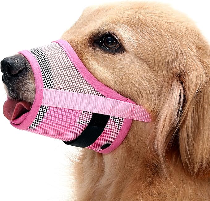Mayerzon Dog Muzzle, Breathable Mesh Puppy Muzzles with Adjustable Hook and Loop for Small Medium Large Dogs Poodle Border Collie Labrador Retriever for Biting Chewing Trimming (XL, Pink)