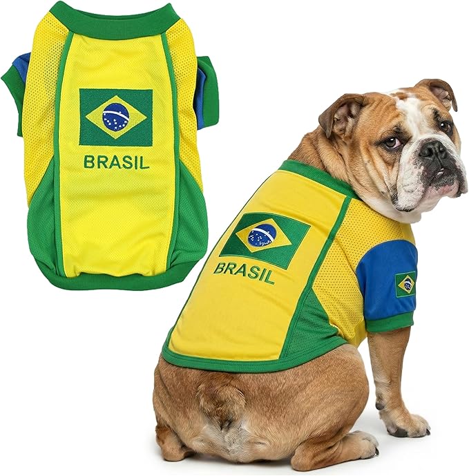 Parisian Pet Team Brazil Dog Jersey - Breathable Mesh Puppy Football Jersey - Lightweight Stretch Sporty Dog Clothes - Summer Shirts for Large Dogs - Soccer Jersey for Dogs - Sportswear Pet Clothes