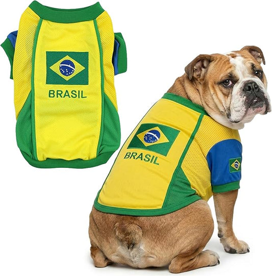 Parisian Pet Team Brazil Dog Jersey - Breathable Mesh Puppy Football Jersey - Lightweight Stretch Sporty Dog Clothes - Summer Shirts for Large Dogs - Soccer Jersey for Dogs - Sportswear Pet Clothes