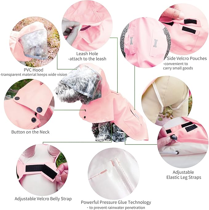 Dog Raincoat,Waterproof Rain Poncho with Hoodie, High Reflective Adjustable Pet Rain Jacket with Leash Hole for Small Medium and Large Dogs (Pink, XXXX-Large: 92-115lbs)