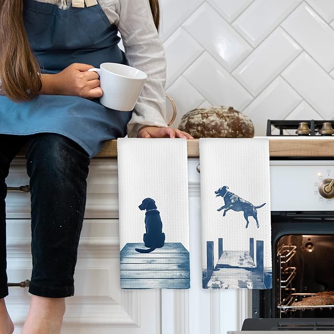 Lake House Decor Labrador Kitchen Towels Set of 2, Summer Funny Lake Dog Coastal Bathroom Hand Towel, Dog Lover Gifts Tea Towel Dish Towels 16x24 Inch