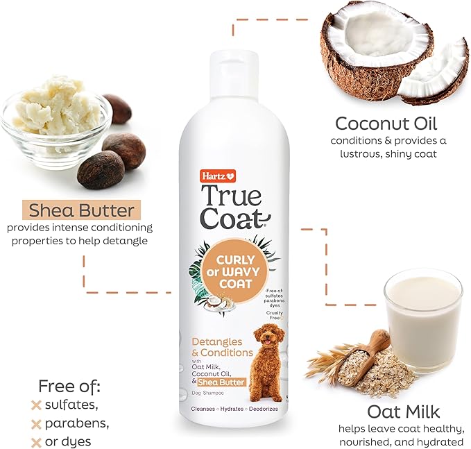 Hartz True Coat Curly or Wavy Coat Specific Dog Shampoo, Detangles & Conditions with Oat Milk, Coconut Oil & Shea Butter