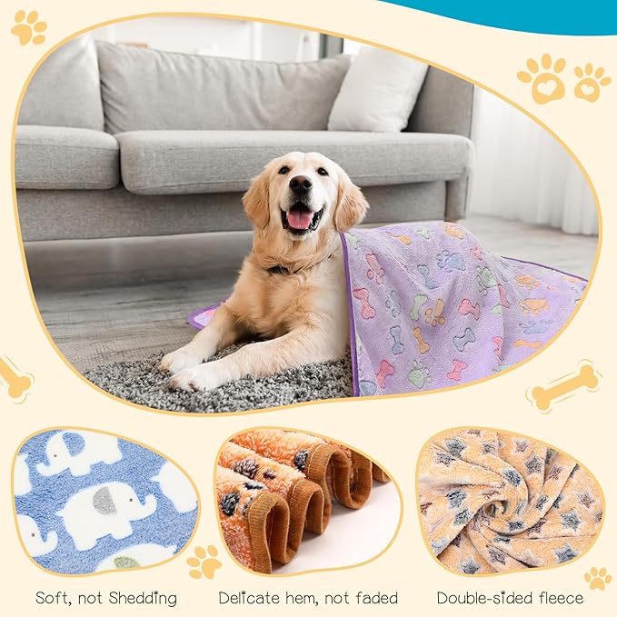 Tatuo 12 Pieces 41 x 30 Inch Dog Blanket Super Soft Warm Cat Sleep Mat Pet Kitten Doggy Fluffy Fleece Blankets with Cute Dog Paw Bone Star Elephant Patterns Printed Fluffy Blanket for Small Cat Puppy