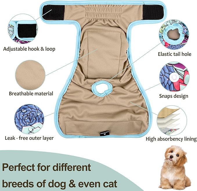 Washable Female Dog Diapers - Premium Reusable Diapers for Doggie in Heat - Highly Absorbent Dog Diapers Female for Pet Incontinence with Adjustable Snaps (Succulents, XXL)