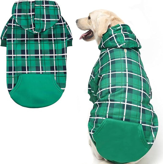 EXPAWLORER Plaid Dog Hoodie - British Style Warm Dog Sweater Shirt with Leash Hole,Pitbull Clothes Outfits,Winter Coat Apparel for All Breeds Puppy Girl Boy-Cat Apparel,Green X-Large