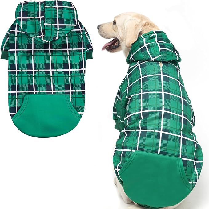 EXPAWLORER Plaid Dog Hoodie - British Style Warm Dog Sweater Shirt with Leash Hole,Pitbull Clothes Outfits,Winter Coat Apparel for All Breeds Puppy Girl Boy-Cat Apparel,Green Large