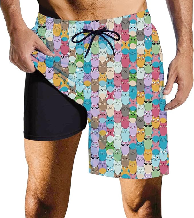 Mens Swim Trunks with Compression Liner Quick Dry Zipper Pocket Bathing
