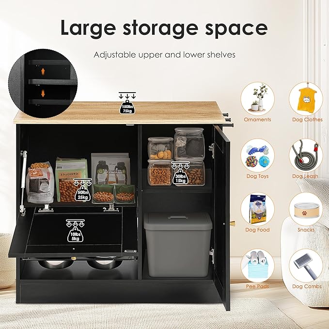 Pet Feeder Station with 2 Lockers, Dog Feeding Station Dog Food Toy Storage Cabinet Storage Container with 2 Pull Out Bowls, Adjustable Panel, Side Hooks, Rattan Door, Black (33.1" Lx14.6 Wx29.6 H)