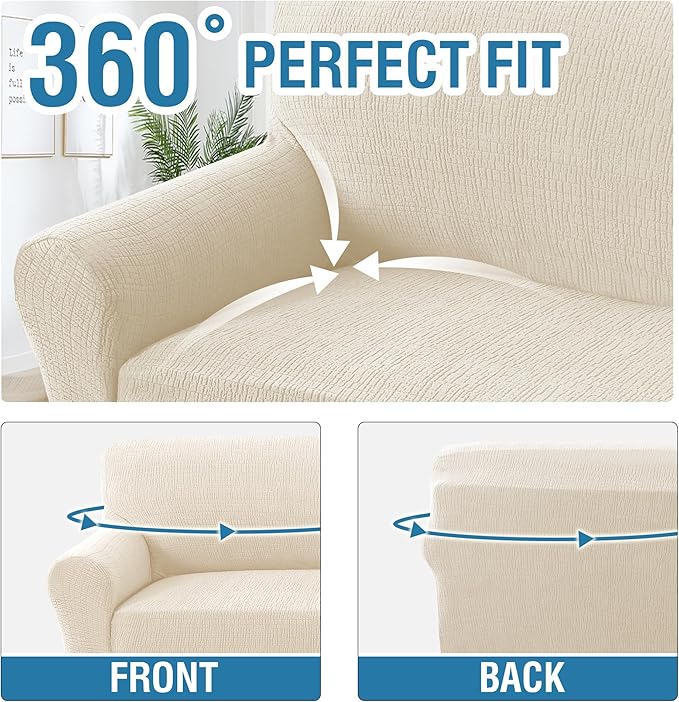 H.VERSAILTEX Jacquard Couch Covers for 3 Cushion Couch 1 Piece Stretch Sofa Covers Furniture Protector Anti-Slip Soft Thickened Dogs Slipcovers Washable Crizzle Pattern(Sofa, Ivory)