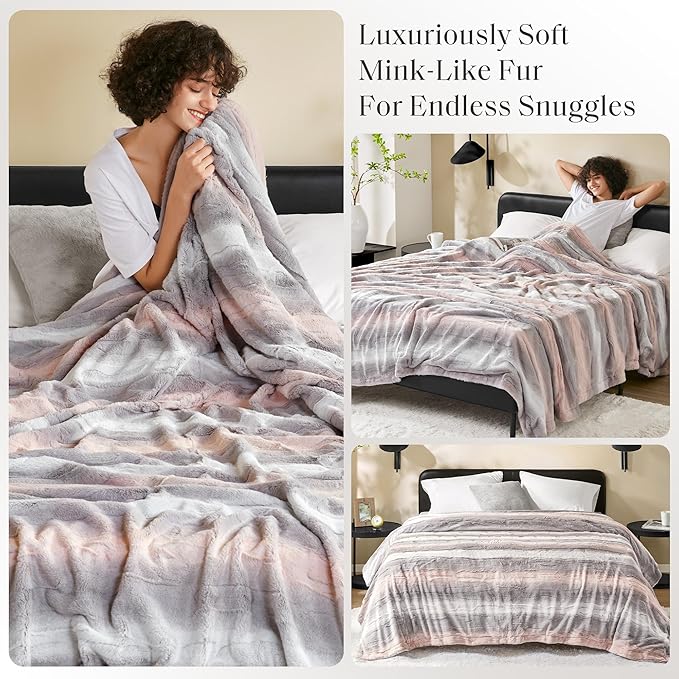 Madison Park Queen Size Blanket Ultra-Soft Poly Fur Queen Size, Reversible Plush, All Season & Lightweight Queen Fuzzy Blanket for Bed, Couch & Sofa, Zuri, Full/Queen Blush/Grey