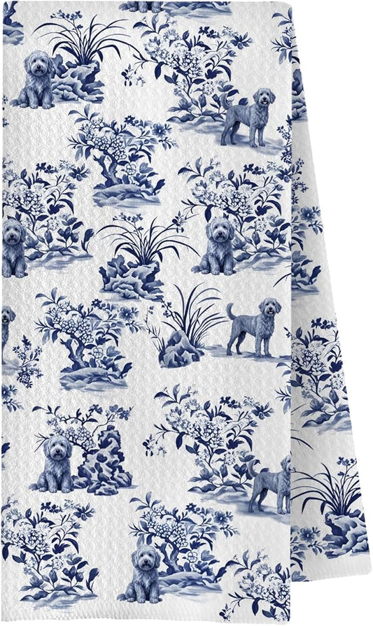 Blue Chinoiserie Labradoodle Kitchen Towels, Doodle Gifts for Women Dish Tea Towels for Kitchen Decor, Chinoiserie Poodle Hand Towels for Bathroom, 16x24 Inches